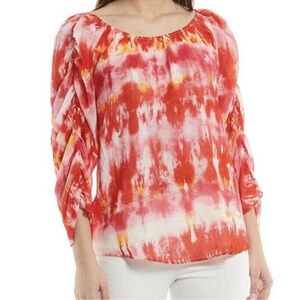 Calvin Klein Cinched Sleeve Chiffon Tie Dye Top Ginger Combo Sz L